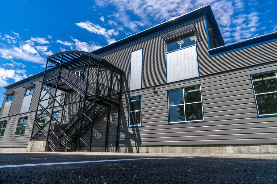 Exterior steel stair on a new building